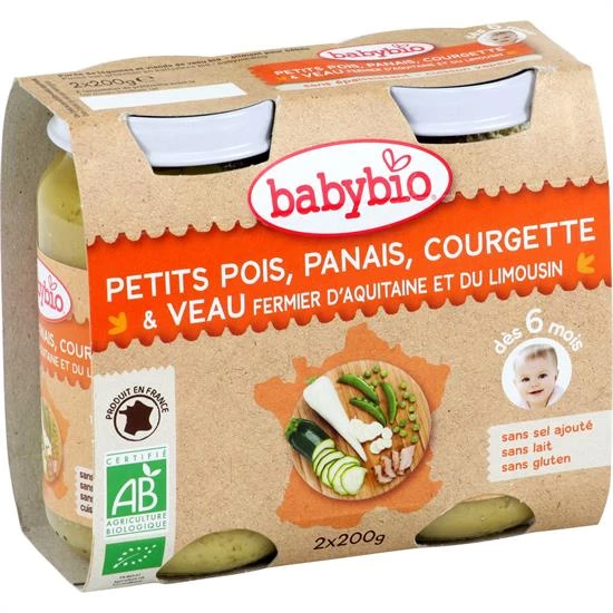 Pots bébé petits Pois Panais, courgette et Veau bio 