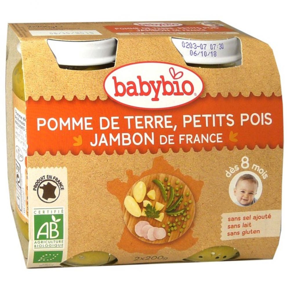 BabyBio Petits Pots PDT Petits Pois Jambon Bio 200 g x 2