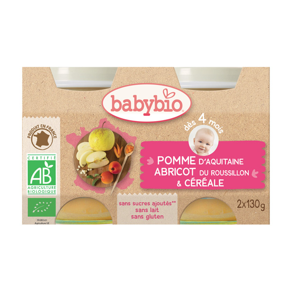 BabyBio Petits Pots Pomme Abricot Céréales Dès 4 Mois Bio 130 g x 2