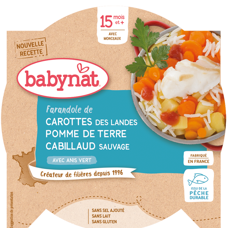 BabyNat Assiette Menu Carrots Potatoes Codfish  260 g  