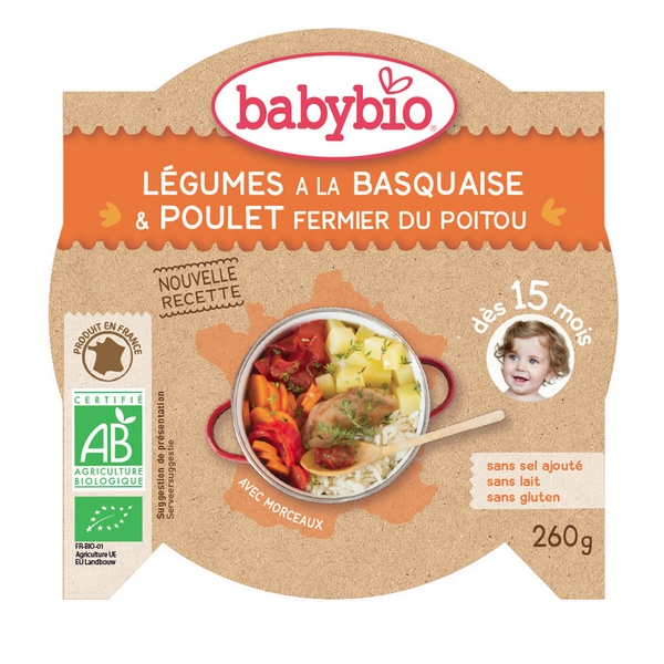 BabyBio Assiette Menu Légumes Basquaise Poulet Bio 260 g