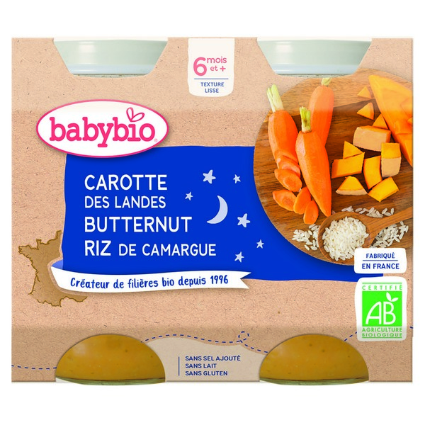 BabyBio Petits Pots Carottes Butternut Riz 6 Mois Bio 200 g x 2 