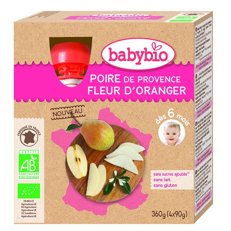 BabyBio Gourdes Poire Fleur D'Oranger Bio 90 g x 4 