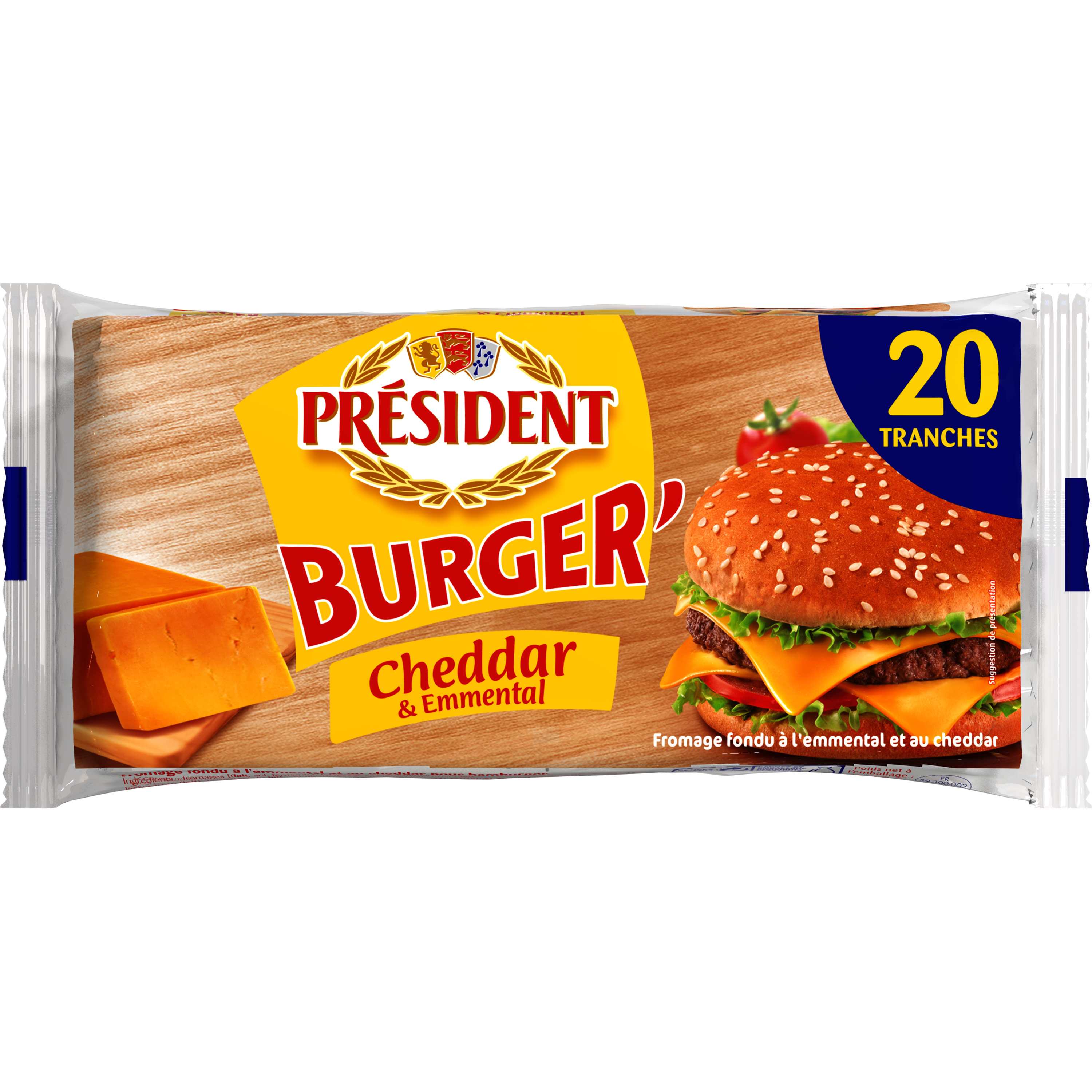Tranches de cheddar et emmental pour burger Président 