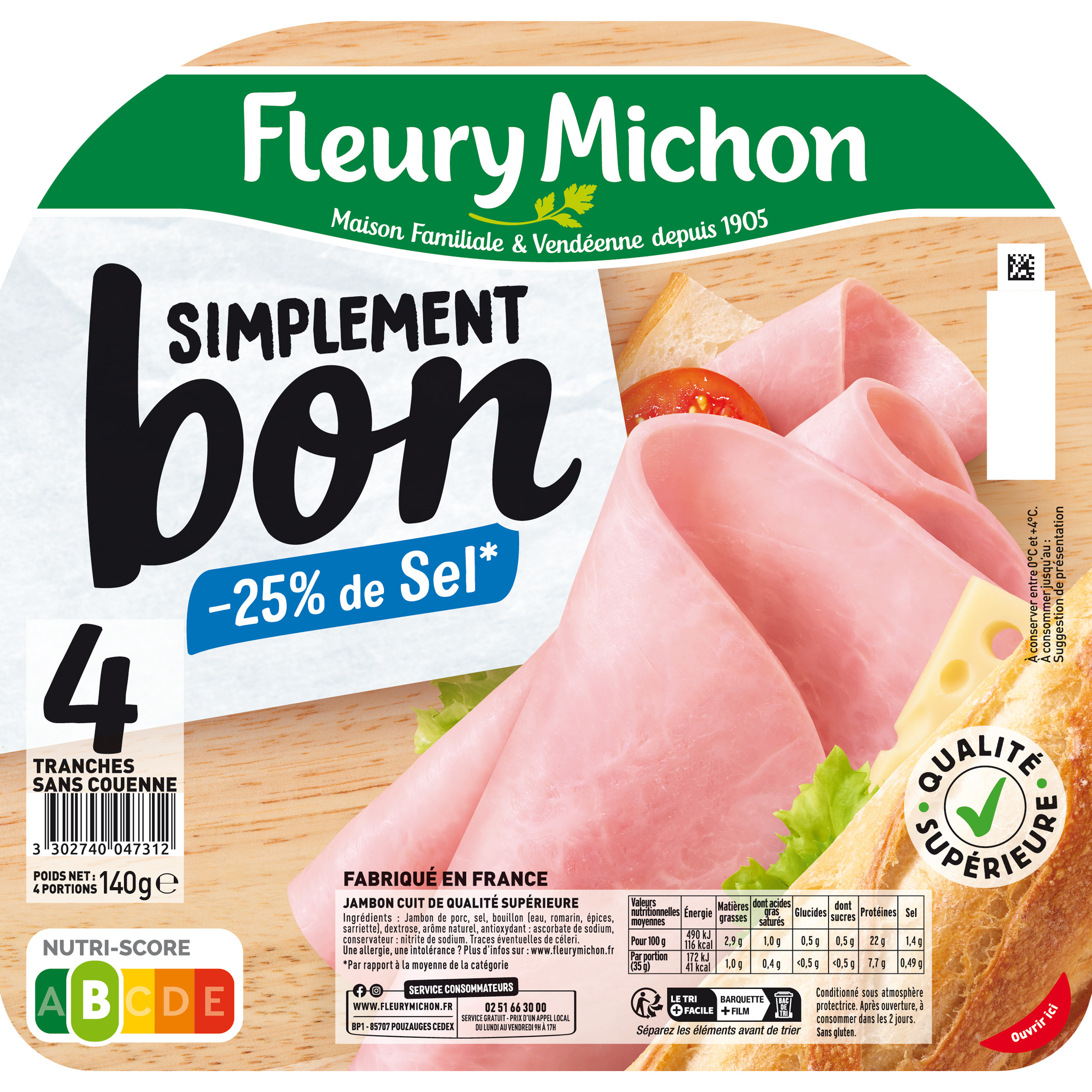 Simplement bon jambon blanc - 25% de Sel Fleury Michon 