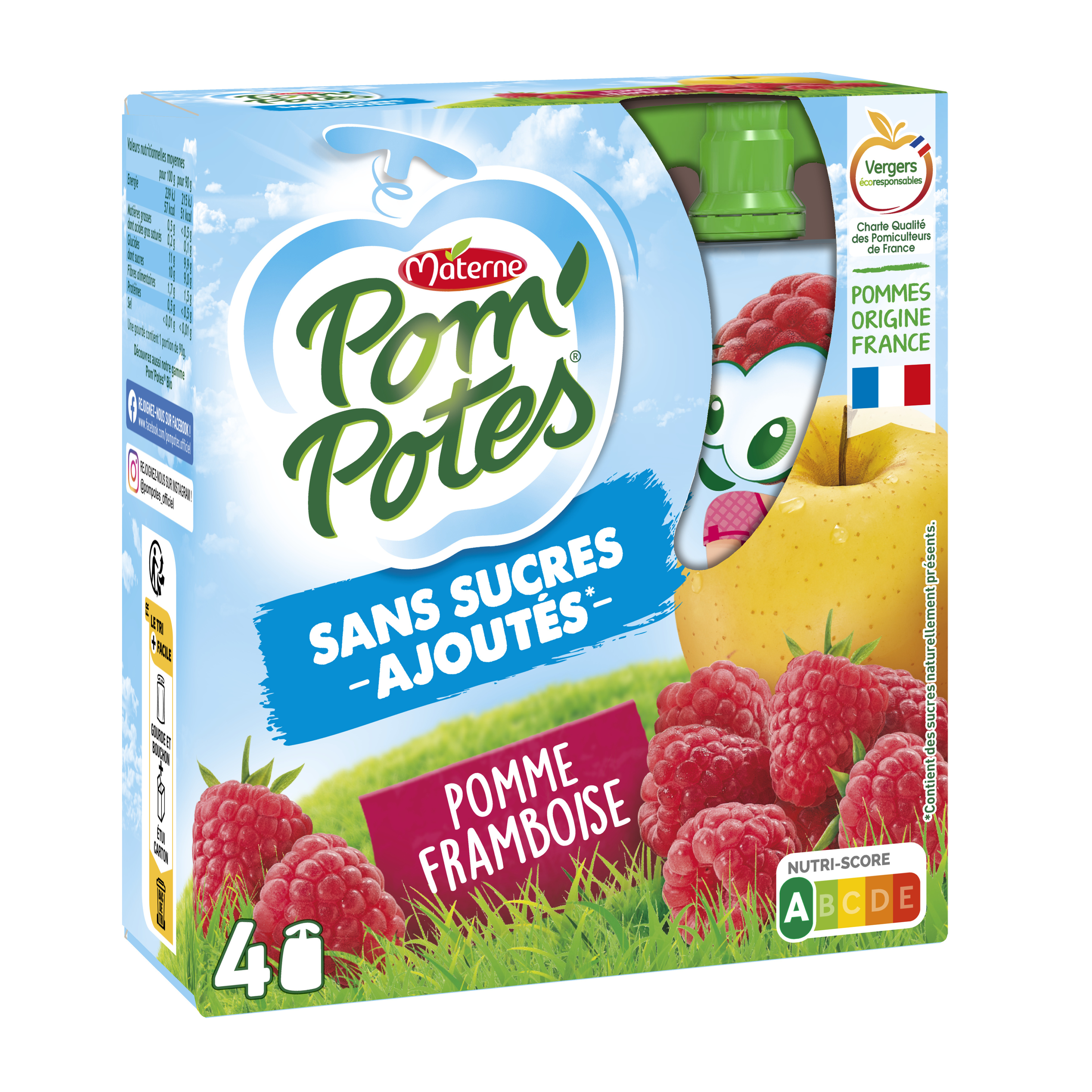 Pom'potes Compotes Gourdes Pomme Framboise 4x90g