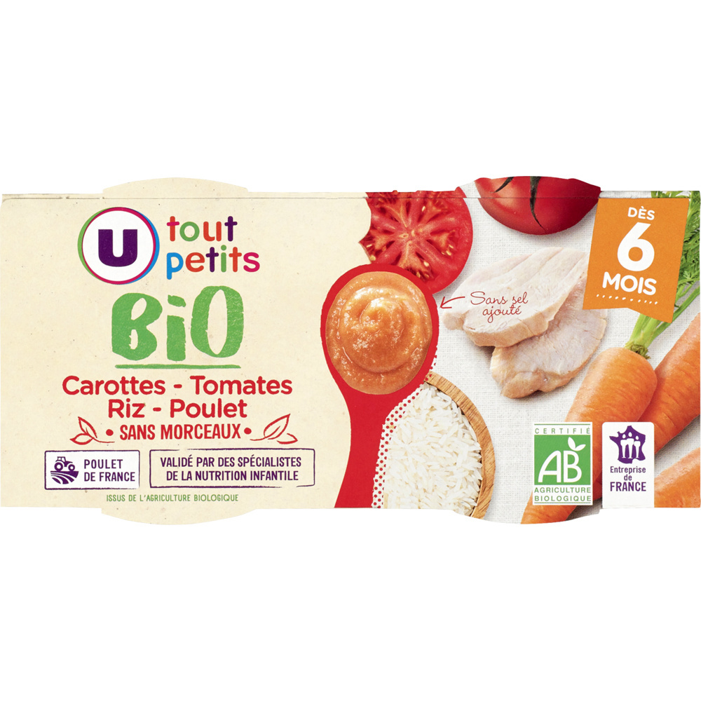 Plats bebe carottes tomate riz et poulet U bio