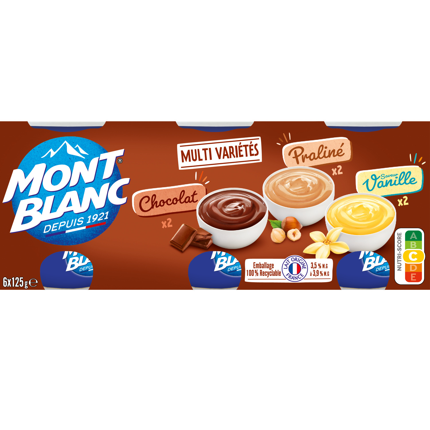 Mont Blanc Crème dessert Coupelles Chocolat, Vanille, Praliné
