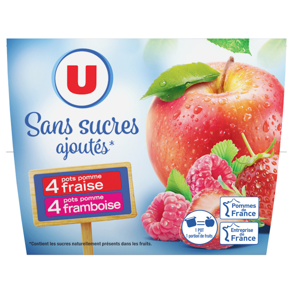 Compotes de fraises et pommes, framboises sans sucres ajoutés U