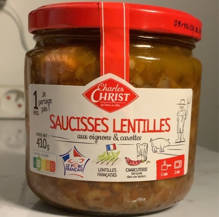Saucisses lentilles cuisinées aux petits oignons et carottes Charles Christ 