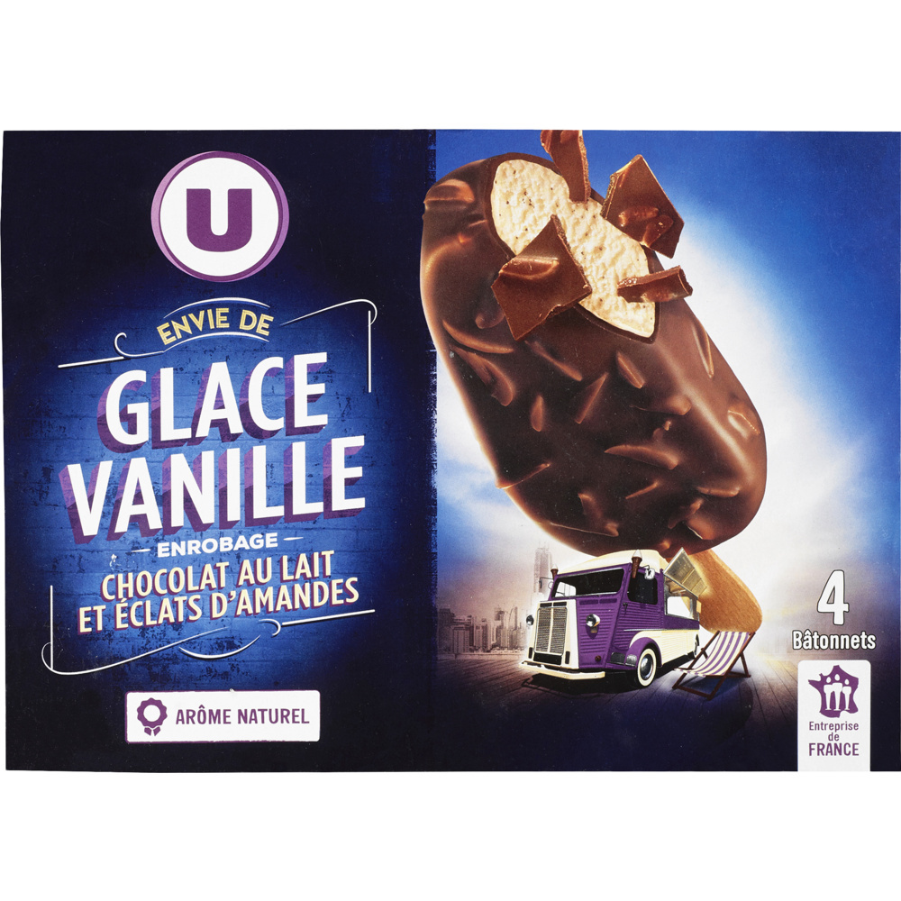 Bâtonnets glacés vanille enrobage au chocolat au lait et éclats d'amandes U