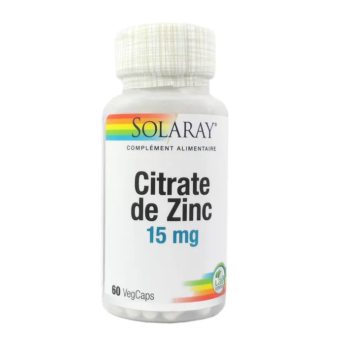 Citrate de zinc 15mg 60 unités - santé de la peau et soutient du système immunitaire - Solaray